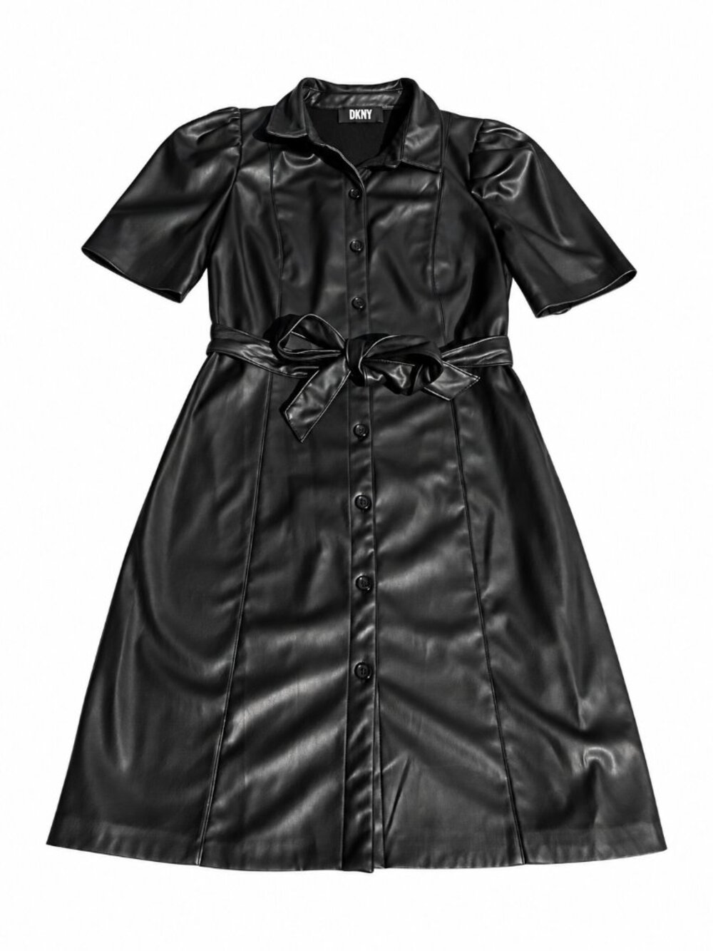 DKNY Women's Black Faux Leather Belted Puff Sleeve Shirt Dress, S